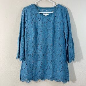 Isaac Mizrahi Round Neck Lace Bell Sleeve Women's Top Blouse Size Medium Teal